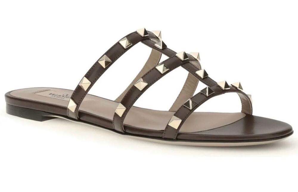 Valentino Garavani Rockstud Caged Leather Slide Sandal Bark Brown 36